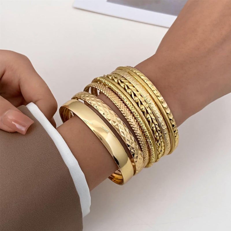 IFKM Gold Bangle Bracelets For Women, 14k Gold Plated Multi Layer Stackable Cuff Bracelet Set, Trendy Elegance Charms Non Tarnish Minimalist Textured Boho Jewelry Gift for Women - Image 3